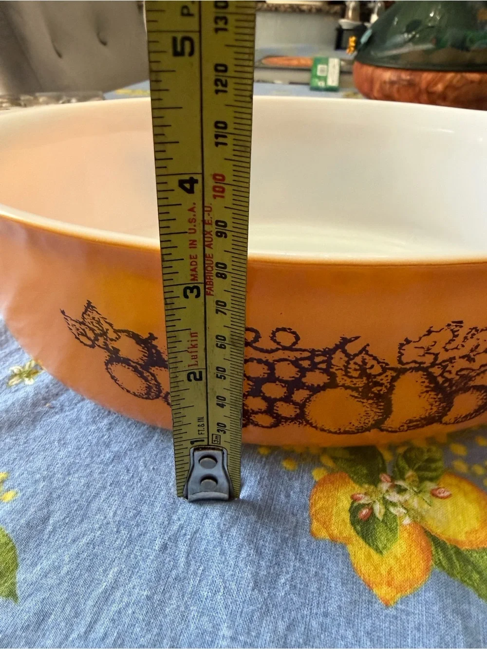Pyrex Brown and Orange Vitrolite Casserole Dish with Fruit Pattern vintage